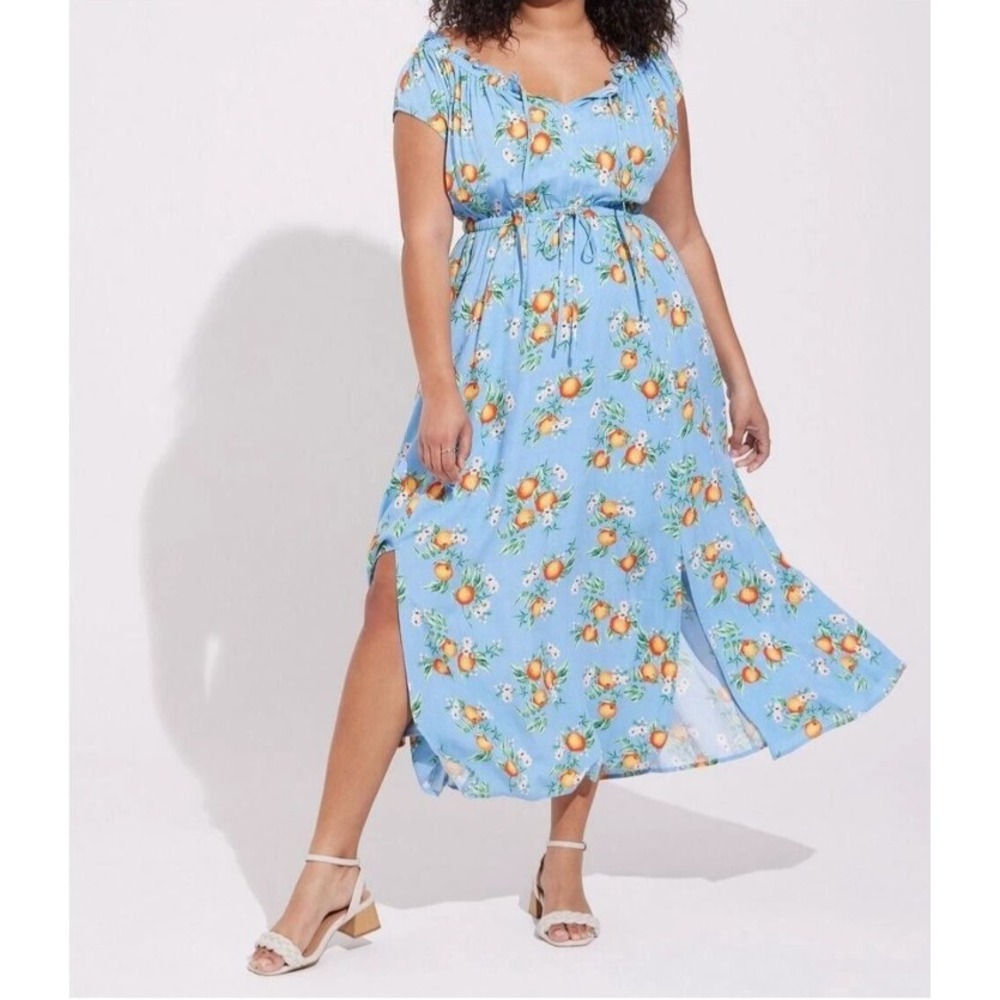 torrid Sky Blue Midi Dress with Orange Floral Print